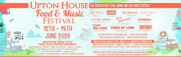 Official poster for Upton House Food & Music Festival 2026 featuring event dates, music lineup, and ticket details in Dorset